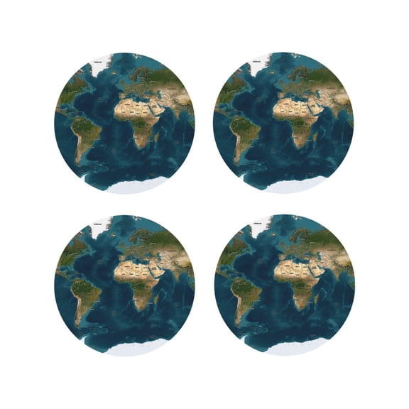Fuzoiu World Map Print Leather Coasters Set,Drink Coasters Set of 4,for Tabletop Protection, Durable PVC Coasters,Home Décor and Housewarming Gift-Round Shape