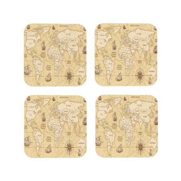 Fuzoiu World Map Print Leather Coasters Set,Drink Coasters Set of 4,for Tabletop Protection, Durable PVC Coasters,Home Décor and Housewarming Gift-Square