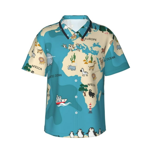 Fuzoiu World Map With Animal Print Hawaiian Shirt for Men, Summer Beach Casual Short Sleeve Button Down Shirts, Men’s Beach Summer Shirts with Pocket,Small