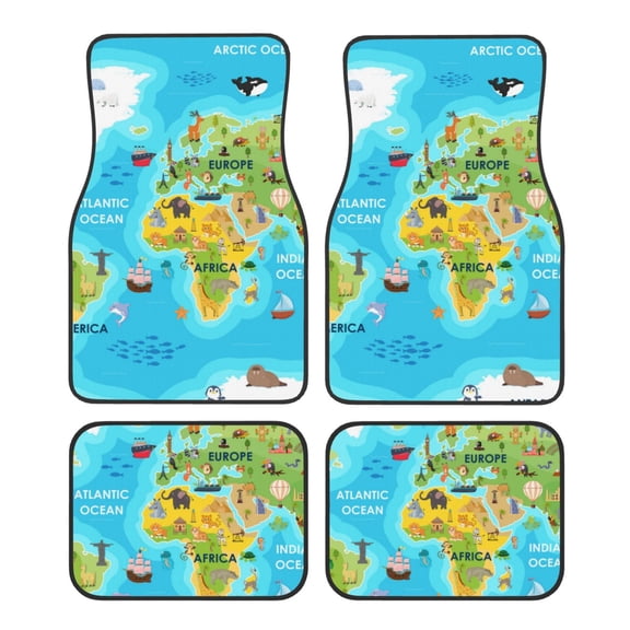 Fuzoiu World Map With Animals Landmarks Print Carpet Floor Mats for Car,Car Foot Mat Set,Universal Fit 4 Piece Mat Pad Set,Fits Most Cars Trucks Vans Sedans SUV Auto Carpet Mat Se