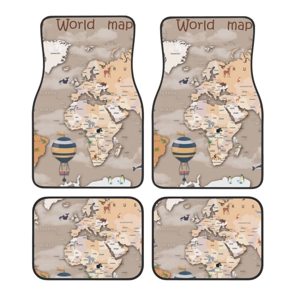 Fuzoiu World Map With Animals Print Carpet Floor Mats for Car,Car Foot Mat Set,Universal Fit 4 Piece Mat Pad Set,Fits Most Cars Trucks Vans Sedans SUV Auto Carpet Mat Se