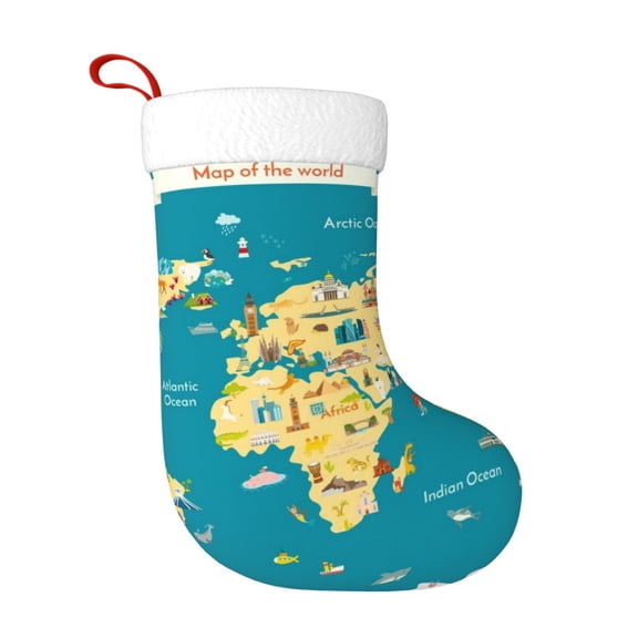 Fuzoiu World Map With Landmarks Print Christmas Stockings, Party Supplies & Kids Gifts,Big Xmas Stockings Decoration for Family Decorations Hanging Ornament for Xmas Holiday Party