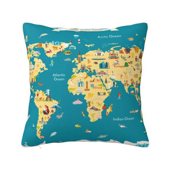 Fuzoiu World Map With Landmarks Print Square Pillow Cover,Hidden Zipper Design,Luxury Square Pillow Case, Throw Pillow,Couch Cushion-16"x16"
