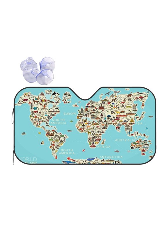 World Travel Line Icons Map Print Car Windshield Sun Shade,Block Uv Rays Sunshade,Foldable Front Window Sun Visor Protector for Car,SUV,Truck-Keep Vehicle Cool-World Travel Line Icons Map