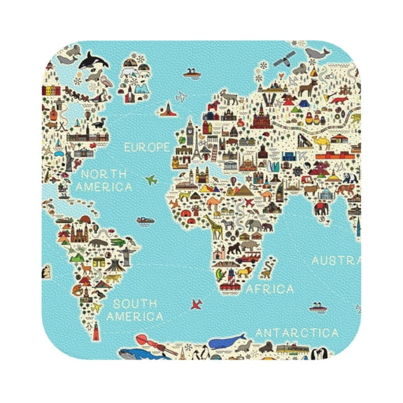 Fuzoiu World Travel Line Icons Map Print Leather Coasters Set,Drink Coasters Set of 6,for Tabletop Protection, Durable PVC Coasters,Home Décor and Housewarming Gift,Square