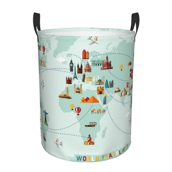 Fuzoiu World Travel Map Print Circular Hamper,Laundry Basket with Handle,Collapsible Laundry,Dirty Clothes Storage Basket,for Bedroom Bathroom Dorm Living Room-