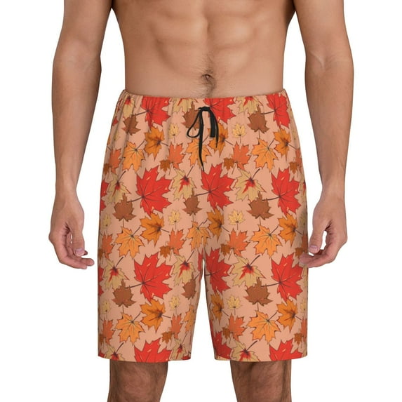 Fuzoiu Yellow And Red Maple Leaves Print Pajama Shorts for Men, Men's Pajama Bottoms,Mens Lounge Sleepwear,Pajama Pants with Pocket-4X-Large