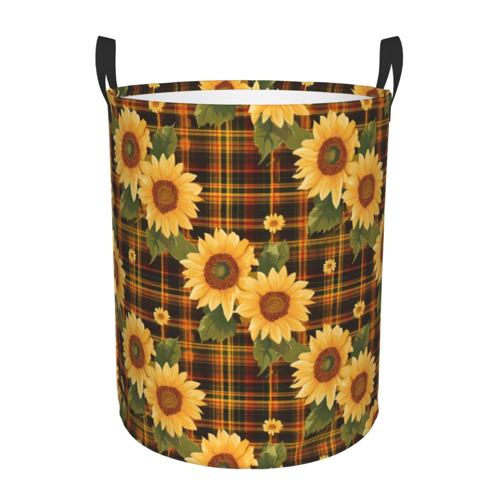 Fuzoiu Yellow Black Plaid Sunflower Print Circular Hamper,Laundry Basket with Handle,Collapsible Laundry,Dirty Clothes Storage Basket,for Bedroom Bathroom Dorm Living Room-Small