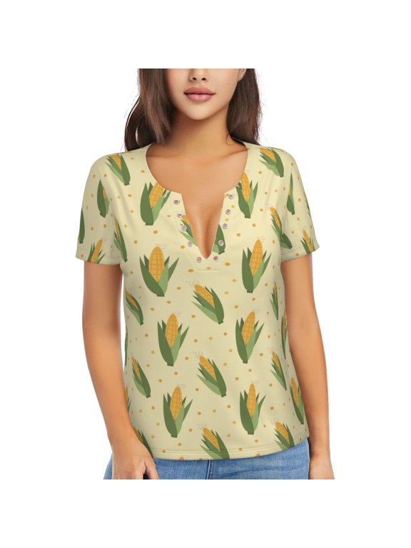 Yellow Corn Print Women's V-Neck T-Shirt,Women's Short Sleeve Top, Comfortable for Work, Leisure, and Sports