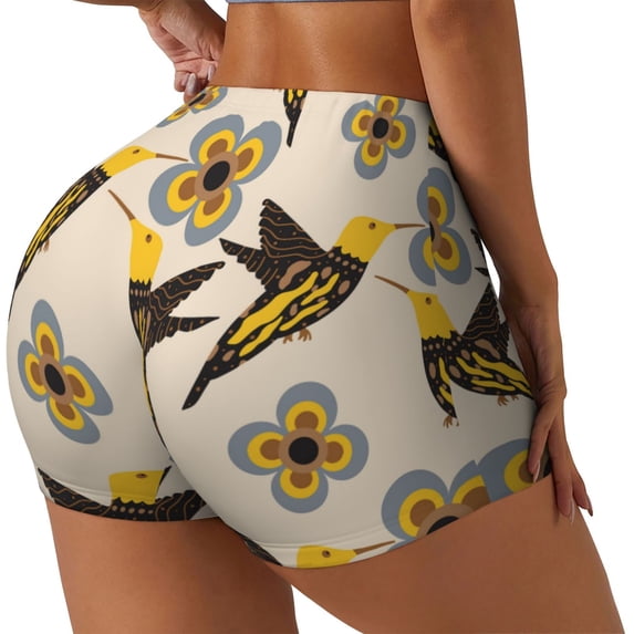 Fuzoiu Yellow Flowers Hummingbird Print Women's Workout Shorts,Workout Biker Shorts Women,Exercise Fitness Shorts,Scrunch Short, Athletic Shorts for Gym Yoga Running Sport Active-X-Large