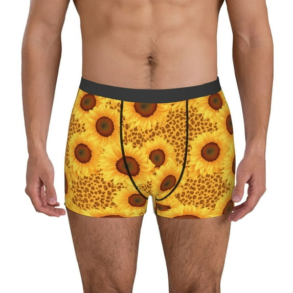 Fuzoiu Yellow Leopard Print Sunflower Print Men's Ultra Breathable Underwear,No Riding Up Boxer Briefs with ComfortFlexible Waistband-Large