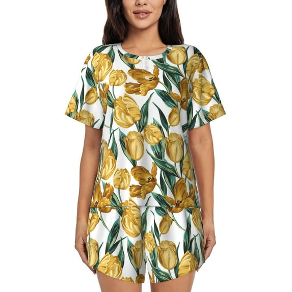 Fuzoiu Yellow Tulips Print Women's Short-Sleeved Pajama Set,Lounge Sleepwear Set,Womens Pajama Sets 2 Piece,Button-Up Top and Shorts with Pockets-XX-Large