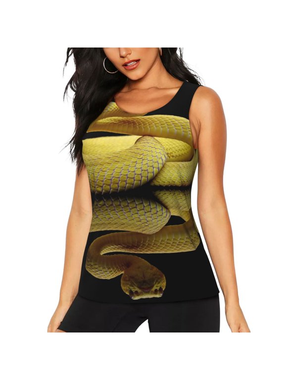 Yellow White-Lipped Pit Viper Print Women's Workout Tank Top,Athletic Racerback Sports Tank,Tops Sleeveless Running Loose Fit Yoga Tops,Active Shirts for Yoga, Running, and Gym-Large