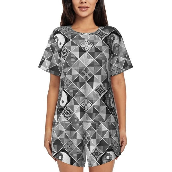 Fuzoiu Yin Yang With Black And White Print Women's Short-Sleeved Pajama Set,Lounge Sleepwear Set,Womens Pajama Sets 2 Piece,Button-Up Top and Shorts with Pockets-XX-Large