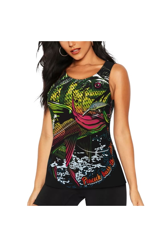 bass Print Women's Workout Tank Top,Athletic Racerback Sports Tank,Tops Sleeveless Running Loose Fit Yoga Tops,Active Shirts for Yoga, Running, and Gym-Large