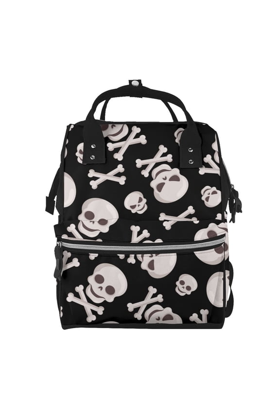 black white Skull bone Print Diaper Bag Backpack,Baby Essentials Travel Tote,Multi function Waterproof Diaper Bag, Travel Essentials Baby Bag - Unisex