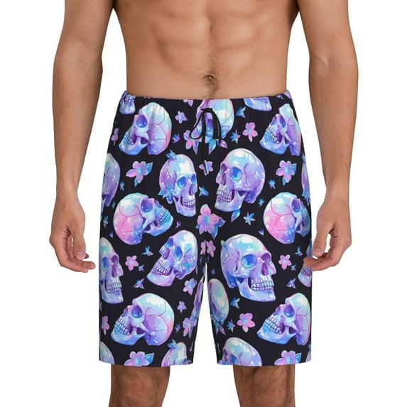 Fuzoiu blue Skull flower Print Pajama Shorts for Men, Men's Pajama Bottoms,Mens Lounge Sleepwear,Pajama Pants with Pocket-Small