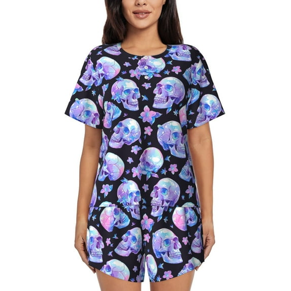 Fuzoiu blue Skull flower Print Women's Short-Sleeved Pajama Set,Lounge Sleepwear Set,Womens Pajama Sets 2 Piece,Button-Up Top and Shorts with Pockets-XX-Large