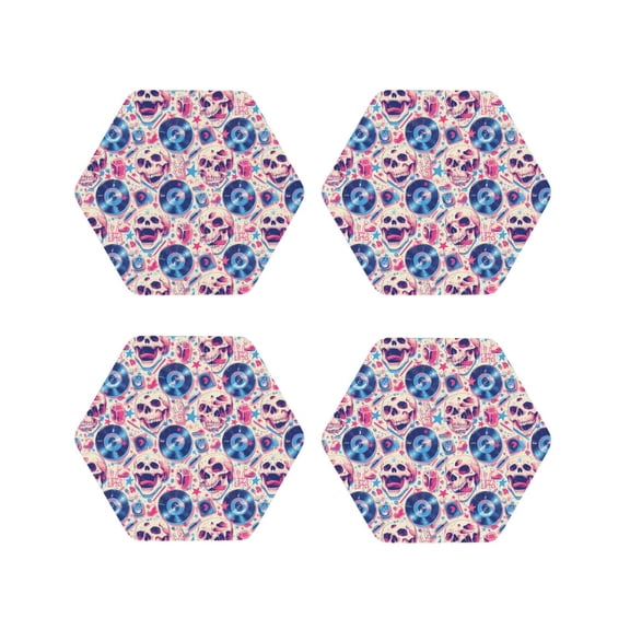 Fuzoiu blue record rock Skull Print Leather Coasters Set,Drink Coasters Set of 4,for Tabletop Protection, Durable PVC Coasters,Home Décor and Housewarming Gift-Hexagon