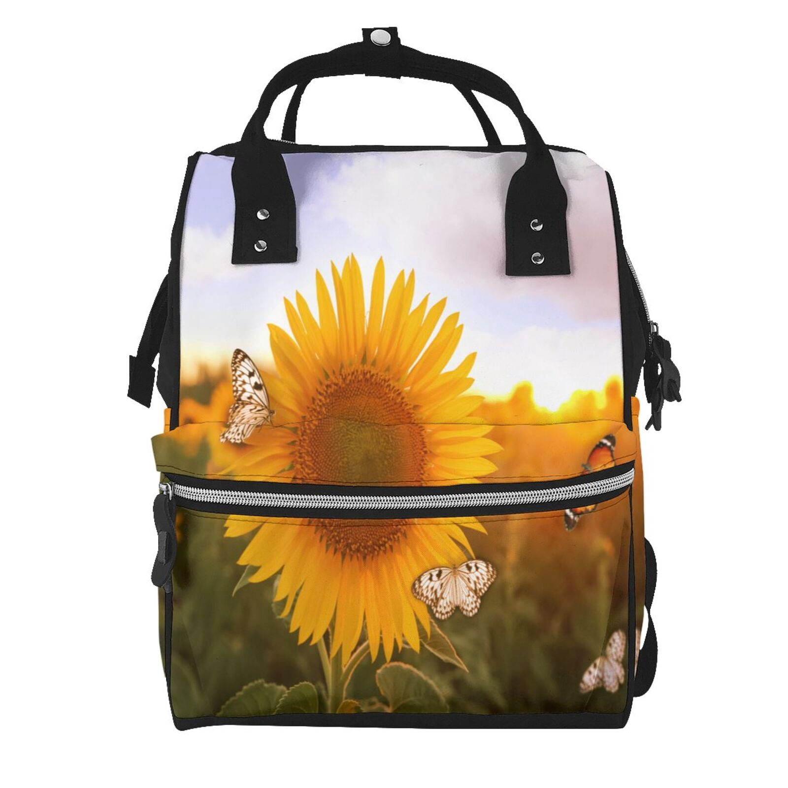 Fuzoiu butterflies flying near sunflower in field Print Diaper Bag Backpack,Baby Essentials Travel Tote,Multi function Waterproof Diaper Bag, Travel Essentials Baby Bag - Unisex