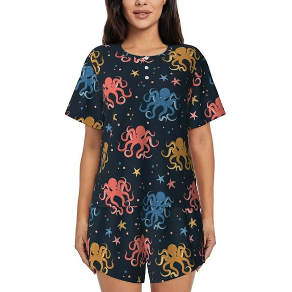 Fuzoiu cartoon doodle octopus Print Women's Short-Sleeved Pajama Set,Lounge Sleepwear Set,Womens Pajama Sets 2 Piece,Button-Up Top and Shorts with Pockets-XX-Large