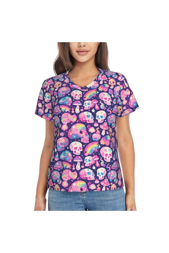cartoon rainbow Skull Print Women's Classic V-Neck T-Shirt, Short Sleeve V Neck Tees for Casual Everyday Wear,Casual Fit Tee,Summer Fashion Tops-Medium