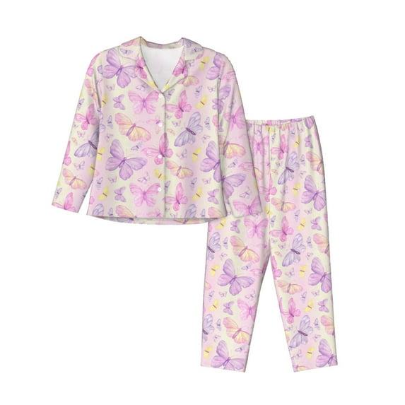 Fuzoiu colorful Butterflies Print Women's Long-Sleeved Pajama,Lounge Button Down Nightwear,Womens Notch Collar Pajama Set-XX-Large