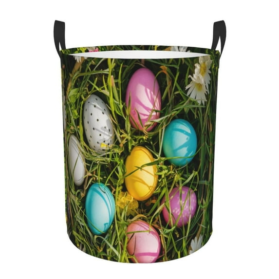 Fuzoiu colorful Easter eggs Print Circular Hamper,Laundry Basket with Handle,Collapsible Laundry,Dirty Clothes Storage Basket,for Bedroom Bathroom Dorm Living Room-Medium