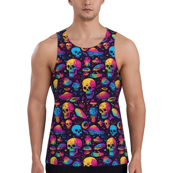 Fuzoiu colorful Skull Retro Print Men's Workout Tank Tops,Sleeveless Gym Shirt Quick Dry,Fitness Bodybuilding T-Shirt,Muscle Athletic Workout Tee-Medium