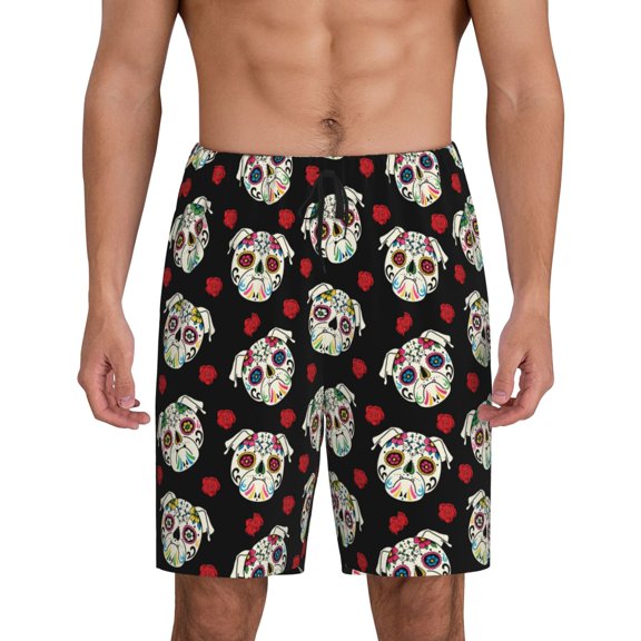 Fuzoiu colorful Skull dog flower Print Pajama Shorts for Men, Men's Pajama Bottoms,Mens Lounge Sleepwear,Pajama Pants with Pocket-Medium