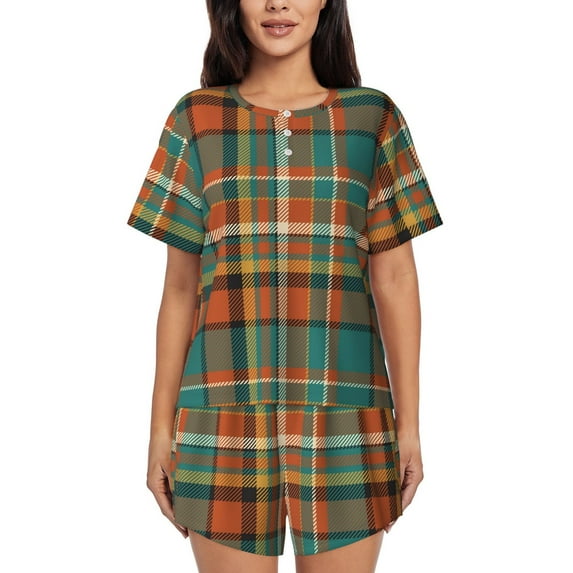 Fuzoiu colorful plaid Print Women's Short-Sleeved Pajama Set,Lounge Sleepwear Set,Womens Pajama Sets 2 Piece,Button-Up Top and Shorts with Pockets-Medium