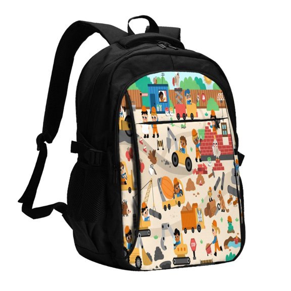 Fuzoiu construction road work landscape Print USB Backpack with Charging Port,Laptop Backpack,Business Travel Durable Laptops Backpack, for School, Work, Travel & Outdoor Activities