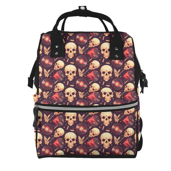 Fuzoiu cool rock Skull record Print Diaper Bag Backpack,Baby Essentials Travel Tote,Multi function Waterproof Diaper Bag, Travel Essentials Baby Bag - Unisex