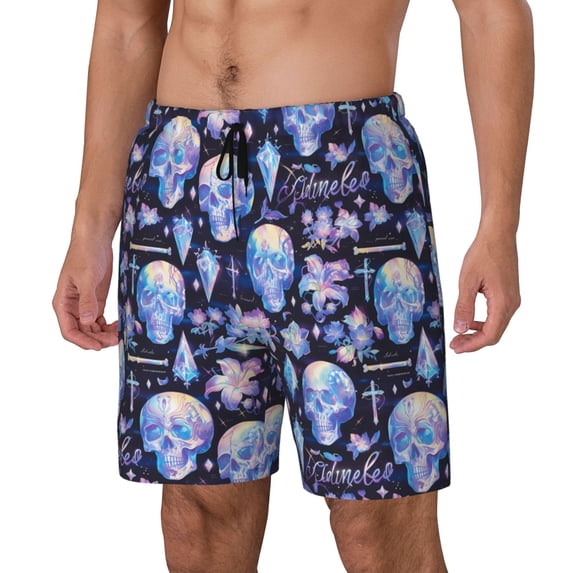 Fuzoiu crystal cool Skull flower Print Men's Swim Shorts,Quick-Dry Double-Layer Swim Trunks,Board Trunks,Beach Shorts Swimwear Bathing Suits-Medium