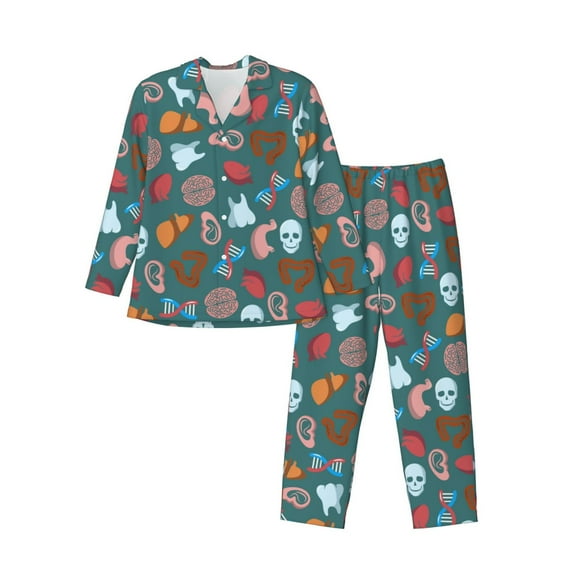 Fuzoiu cute Skull organ Print Men's Long-Sleeved Pajama,Lounge Button Down Nightwear,Mens Notch Collar Pajama Set -XX-Large