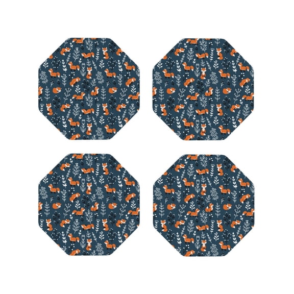 Fuzoiu cute fall fox Print Leather Coasters Set,Drink Coasters Set of 4,for Tabletop Protection, Durable PVC Coasters,Home Décor and Housewarming Gift-Octagon