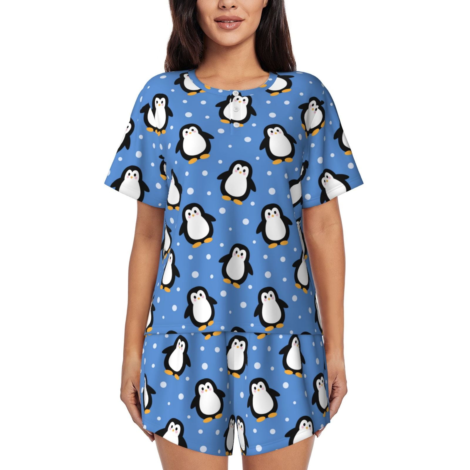 Fuzoiu cute penguin Print Women's ShortSleeved Pajama Set,Lounge