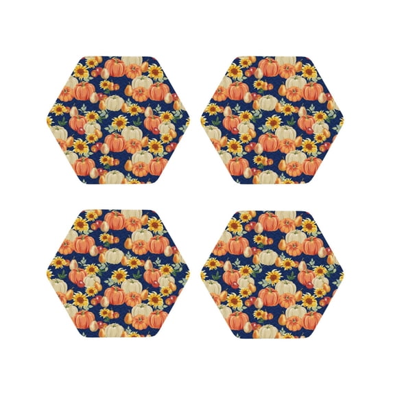 Fuzoiu fall Pumpkin Daisy Print Leather Coasters Set,Drink Coasters Set of 4,for Tabletop Protection, Durable PVC Coasters,Home Décor and Housewarming Gift-Hexagon