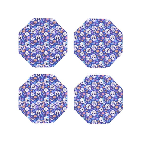 Fuzoiu flower Skull cartoon Print Leather Coasters Set,Drink Coasters Set of 4,for Tabletop Protection, Durable PVC Coasters,Home Décor and Housewarming Gift-Octagon