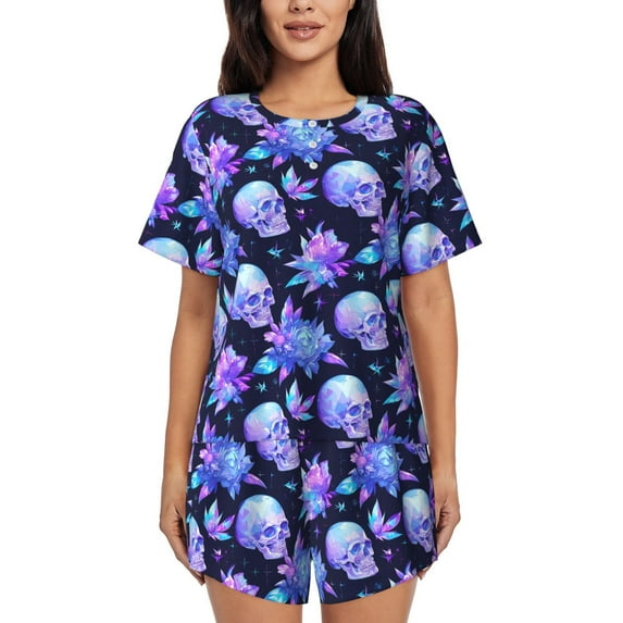 Fuzoiu flower starry sky Skull Print Women's Short-Sleeved Pajama Set,Lounge Sleepwear Set,Womens Pajama Sets 2 Piece,Button-Up Top and Shorts with Pockets-Small