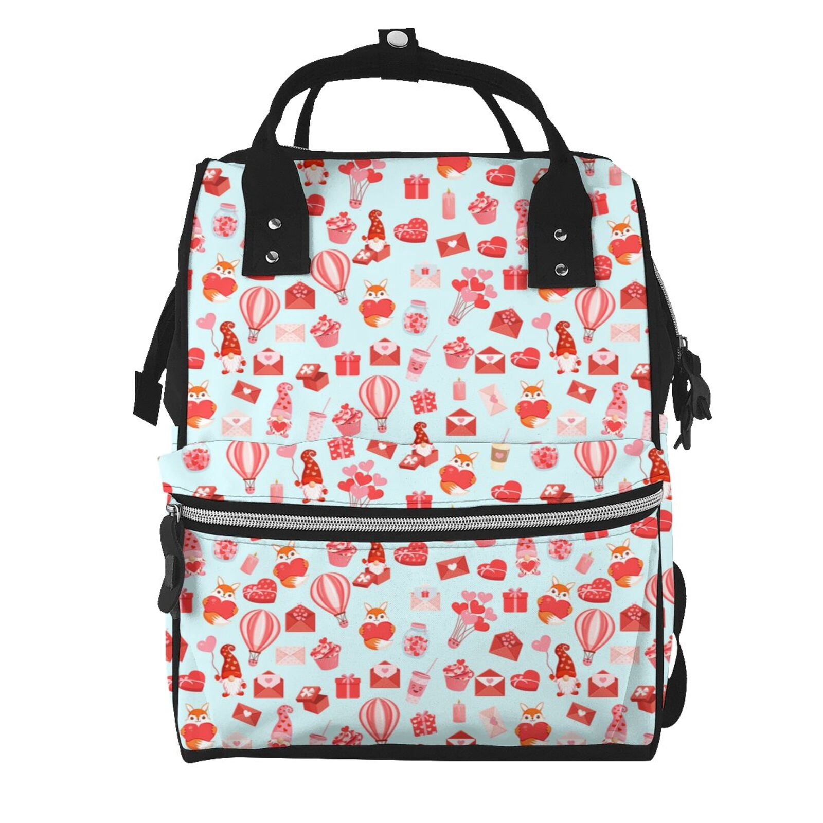 Fuzoiu fox gnomes and hearts Print Diaper Bag Backpack,Baby Essentials Travel Tote,Multi function Waterproof Diaper Bag, Travel Essentials Baby Bag - Unisex