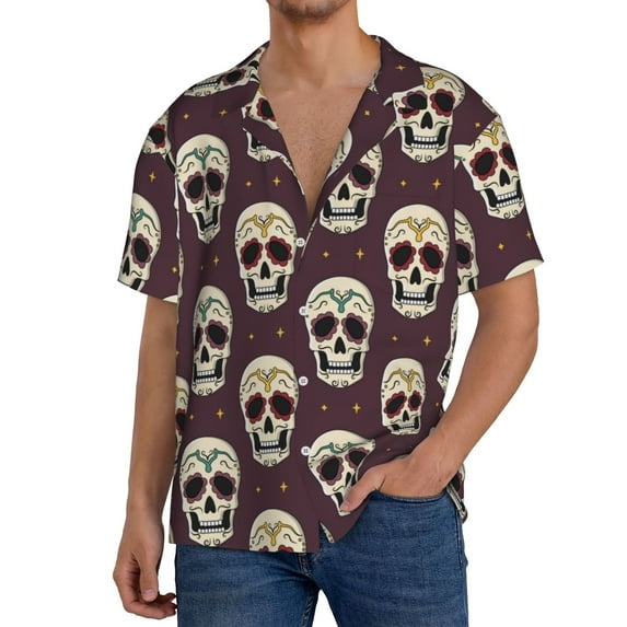 Fuzoiu funny Skull star Print Men's Casual Short,Men's Short Sleeve Shirt,Mens Casual Button Down Shirts,Cuban Collar Summer Shirt for Beach, Vacation, and Outdoor Activities-3X-Large
