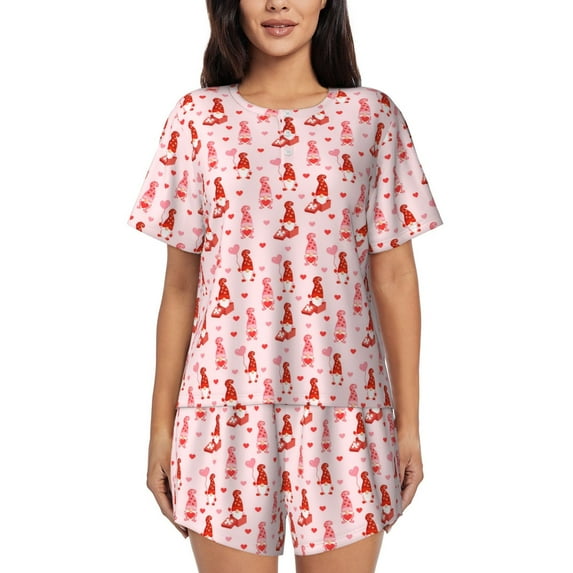 Fuzoiu gnomes and hearts Print Women's Short-Sleeved Pajama Set,Lounge Sleepwear Set,Womens Pajama Sets 2 Piece,Button-Up Top and Shorts with Pockets-3X-Large