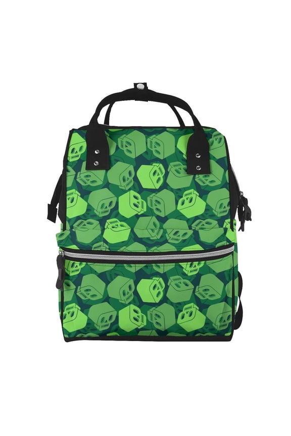green Skull Print Diaper Bag Backpack,Baby Essentials Travel Tote,Multi function Waterproof Diaper Bag, Travel Essentials Baby Bag - Unisex