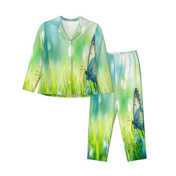 Fuzoiu green grass and butterfly Print Women's Long-Sleeved Pajama,Lounge Button Down Nightwear,Womens Notch Collar Pajama Set-Large