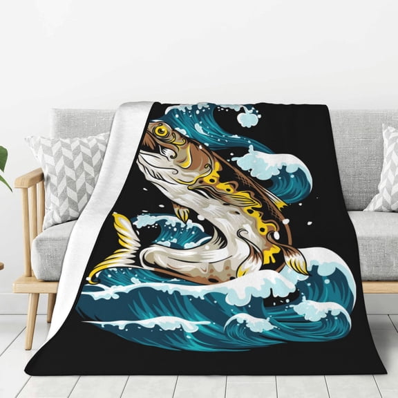Fuzoiu green salmon fish Print Flannel Throw Blanket,Light Weight Warm Decorative,Throw Blanket Cover for Sofa, Couch, Bedroom,Travel-60"x50"