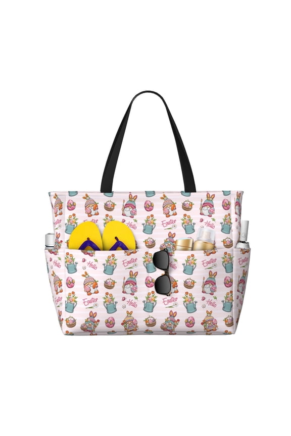 happy Easter Print Waterproof Beach Tote Bag for Women Girls with Zipper,Sandproof Pool Swim Bag,Large Capacity Beach Travel Bag for Pool Swim Travel Everyday