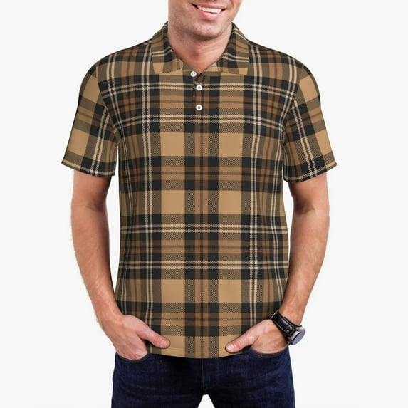Fuzoiu khaki coffee plaid Print Men's Polo Shirts Short Sleeve,Golf Shirts for Men,Mens Golf Shirt Moisture Wicking Quick-Dry-X-Large