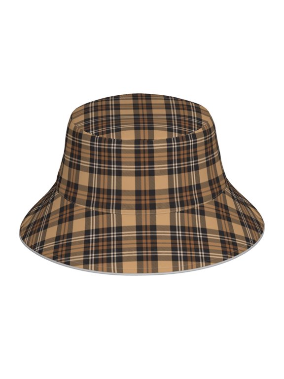 khaki coffee plaid Print Reflective Bucket Hat,Outdoor Hat for Men and Women,Bucket Hat for Travel Fishing Hunting Summer Camp
