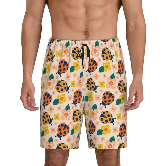 Fuzoiu ladybug and flower Print Pajama Shorts for Men, Men's Pajama Bottoms,Mens Lounge Sleepwear,Pajama Pants with Pocket-Small
